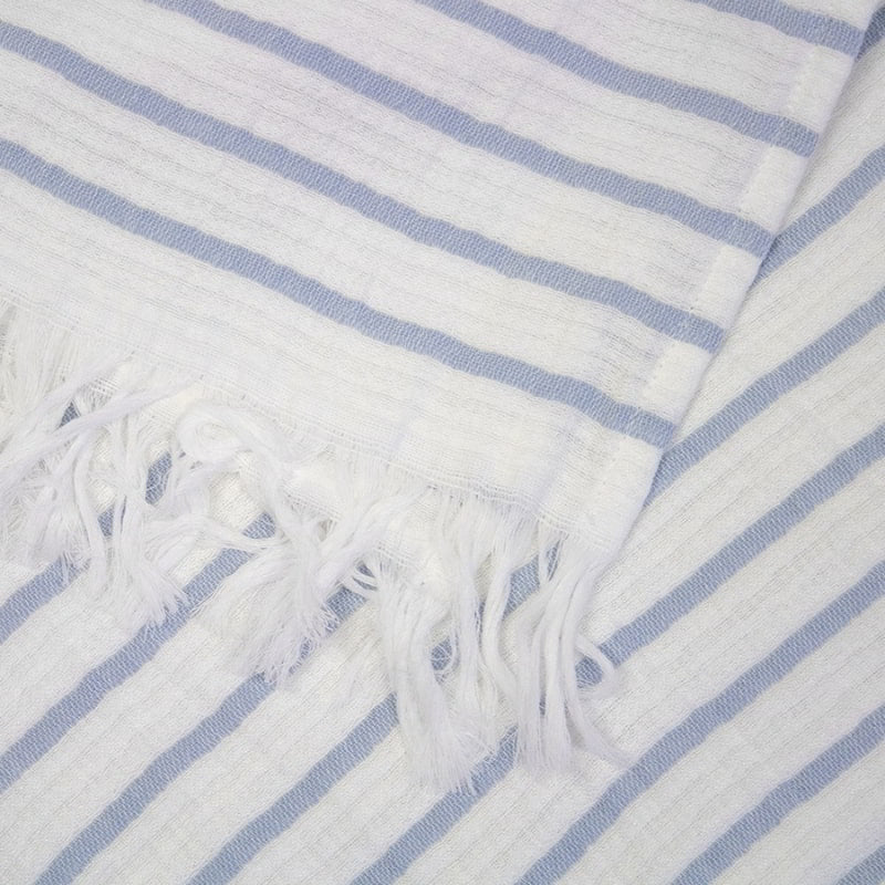 alt="Close-up view of a striped white and blue throw with fringe at both ends"