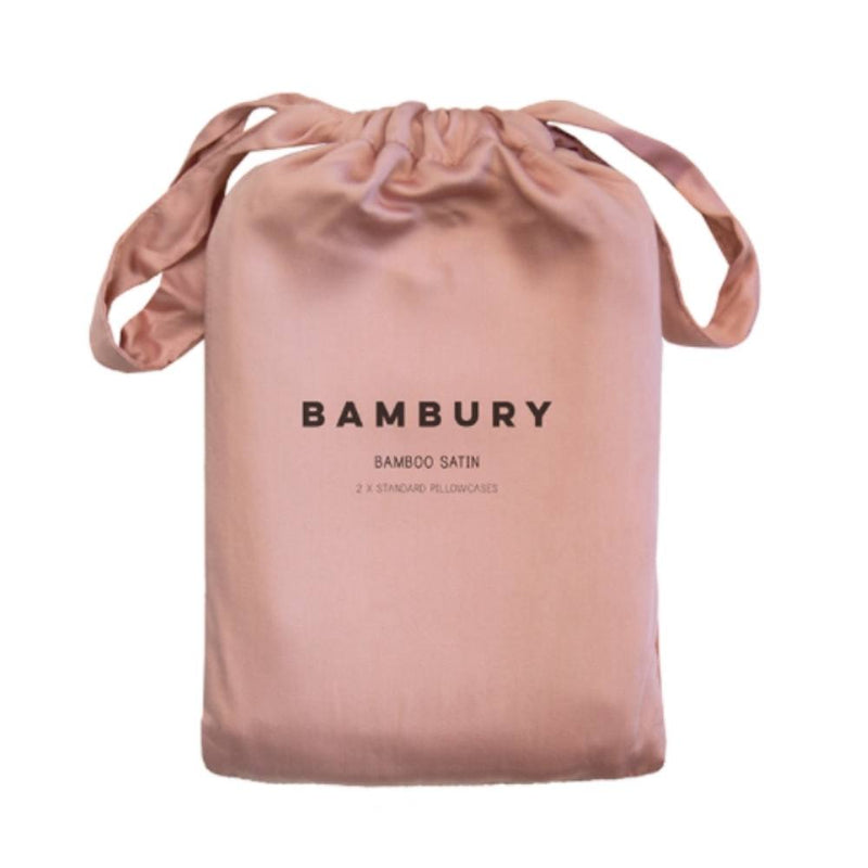 alt="A rose pink bamboo satin pillowcase bag"