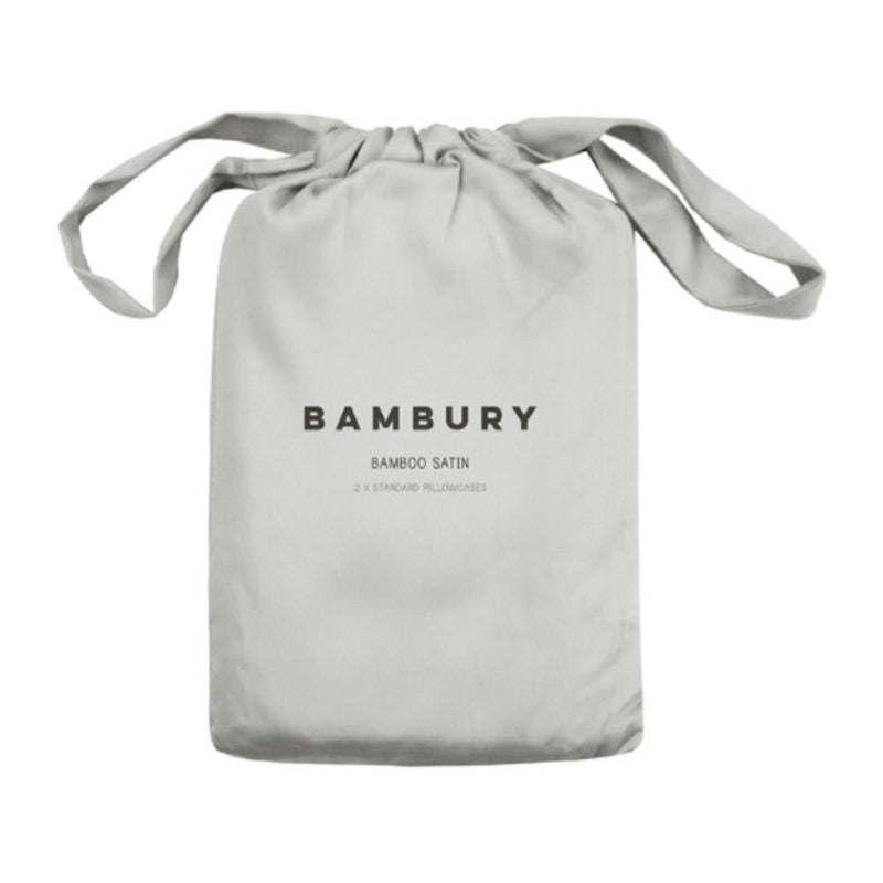 alt="A satin silver bamboo satin pillowcase bag"