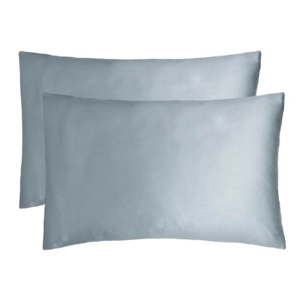 alt="A pair of satin slate blue pillowcase."