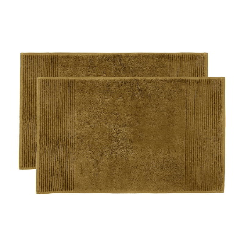 alt="Two beautiful, soft tobacco yellow cotton bath mats"