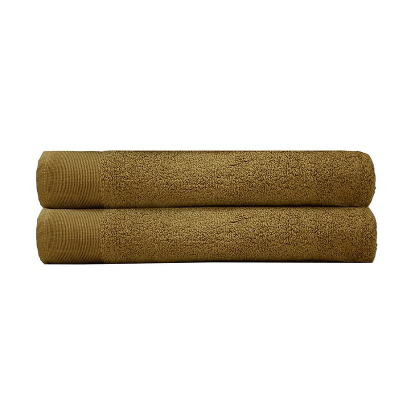 alt="Two beautiful, soft tobacco yellow cotton bath sheets"