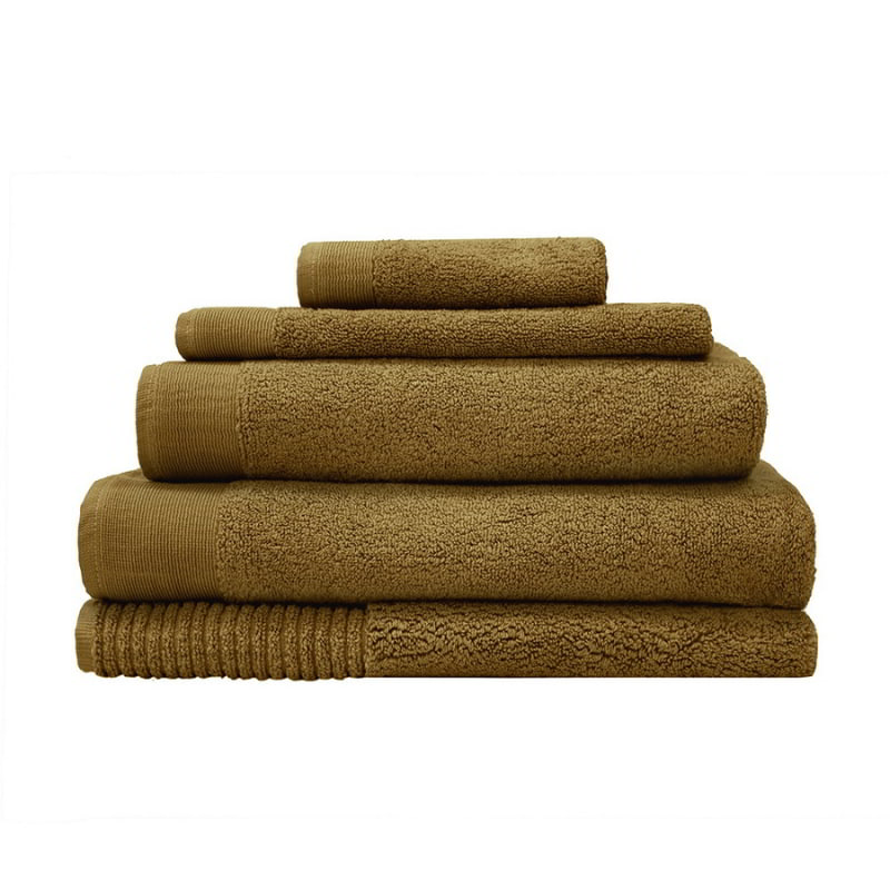 alt="Set of beautiful, soft tobacco yellow cotton towels"