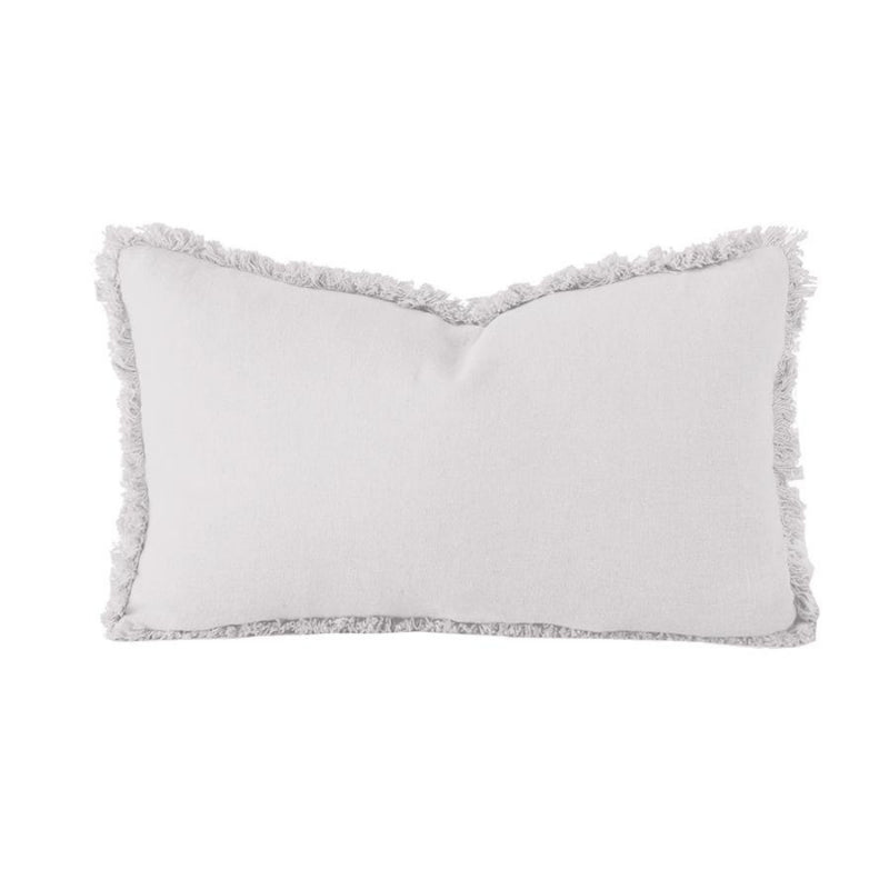 alt="Silver linen cushion featuring a small fringe around the edges"