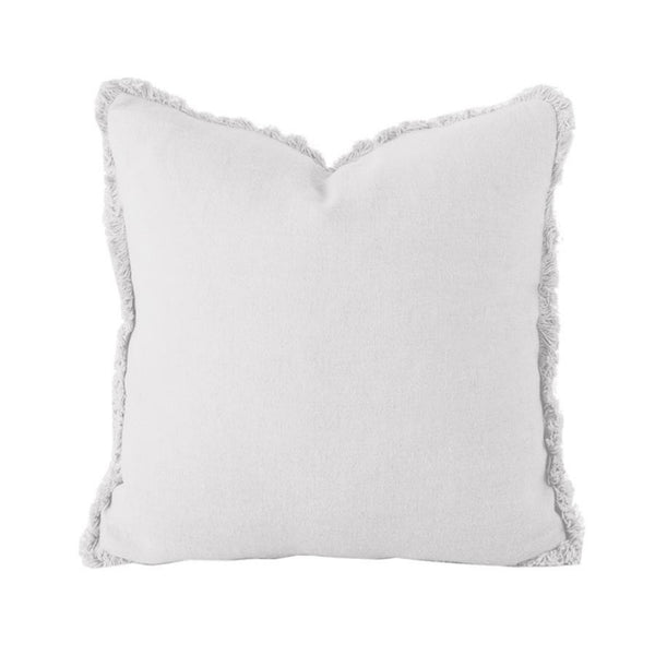 alt="Silver linen square cushion featuring a small fringe around the edges"