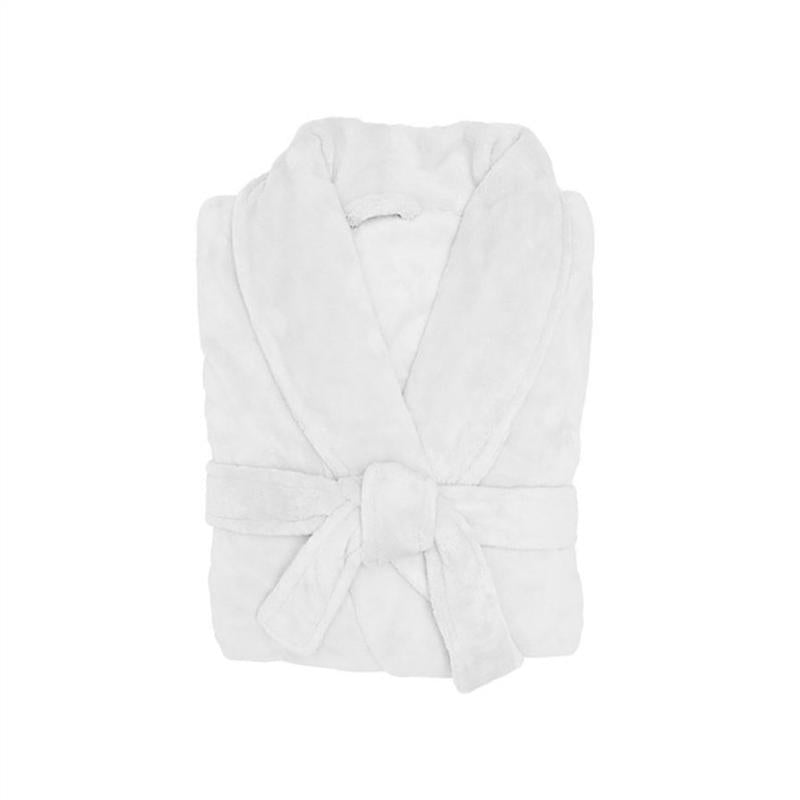 Ultra-soft and comfortable white robe, great for staying warm in colder season and made from 100% polyester coral fleece.