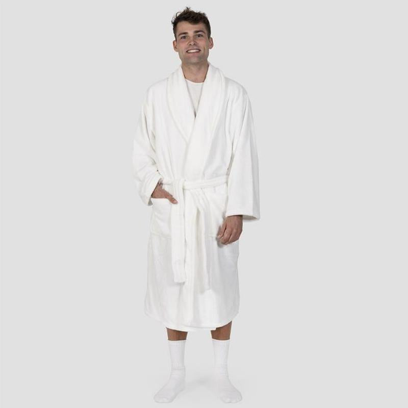 A man standing wearing a microplush white robe