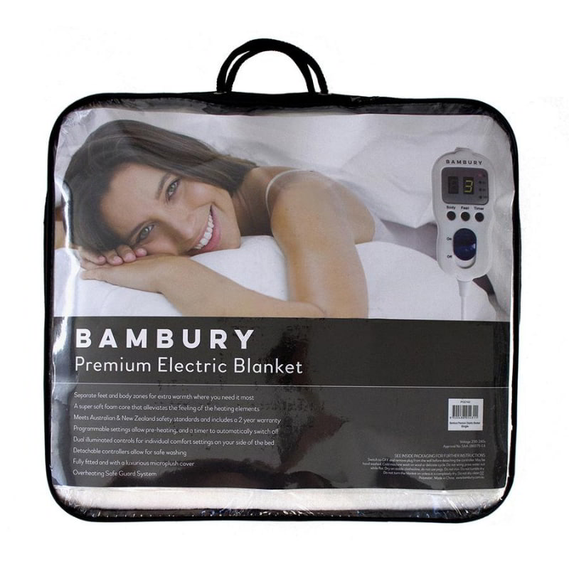 Packaging details of a luxurious premium electric blanket with dual controllers for individual comfort settings, separate heating zones, hidden elements, and detachable controllers.