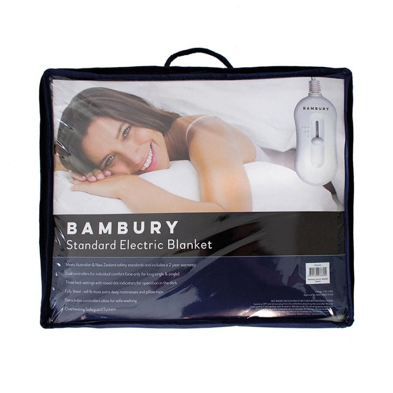 Packaging details of a standard electric blanket with dual controllers for individual comfort, three heat settings, and detachable controllers for safe washing.