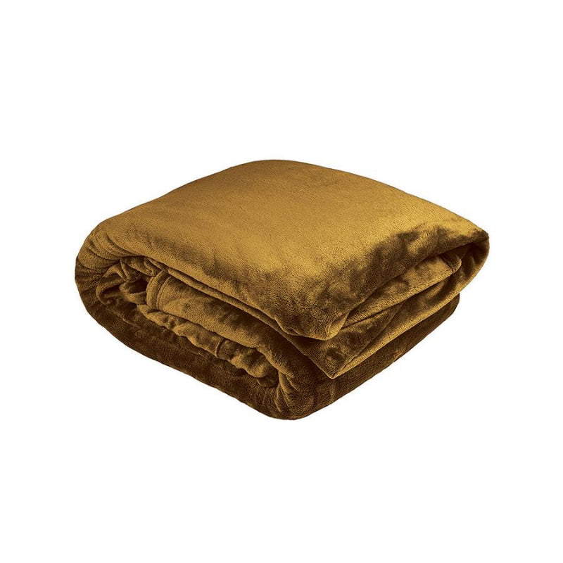 A stack of golden blanket is soft and silky to touch, perfect for warmth on the bed or cosying up on the couch.