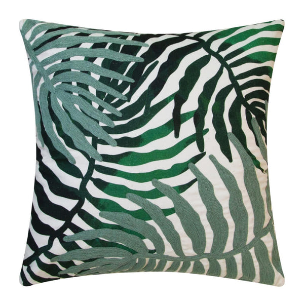 alt="Coastal-inspired cushion with double-sided foliage design, top-notch print quality, and precise chain-stitched accent detailing."