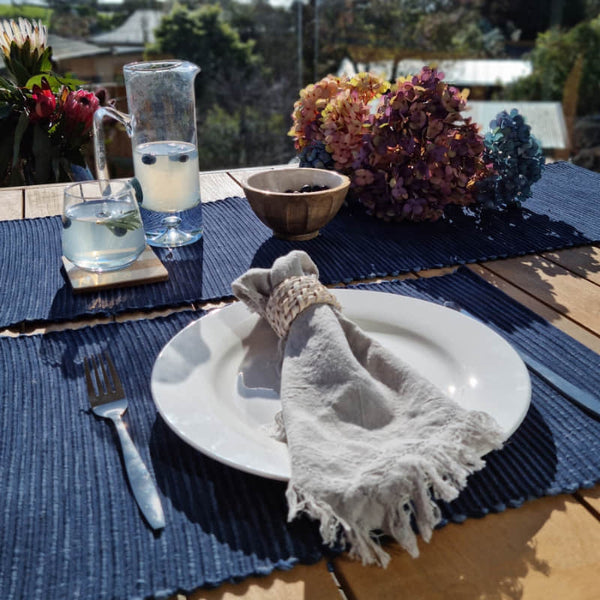 alt="Set of blue placemats featuring a two-toned ribbed design"