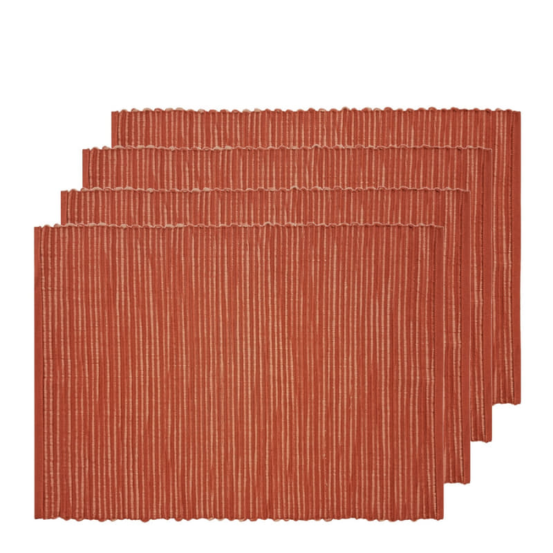 alt="A set of four rust placemats featuring a two-toned ribbed design"