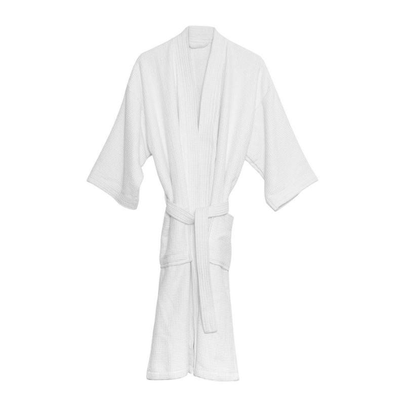 alt="Camila bathrobe designed with waffle weave and terry fabric for maximum water absorption"