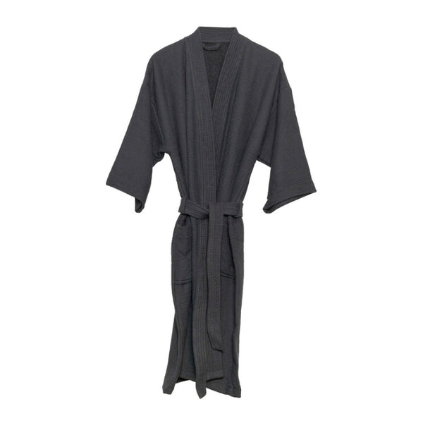 alt="Camila Bathrobe with waffle weave front and terry interior for water absorption."