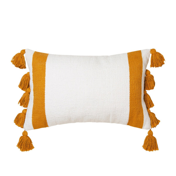 alt="Front details of an ivory cushion featuring a block-coloured design with two thick solid mustard stripes and with two sides of chunky tassels"