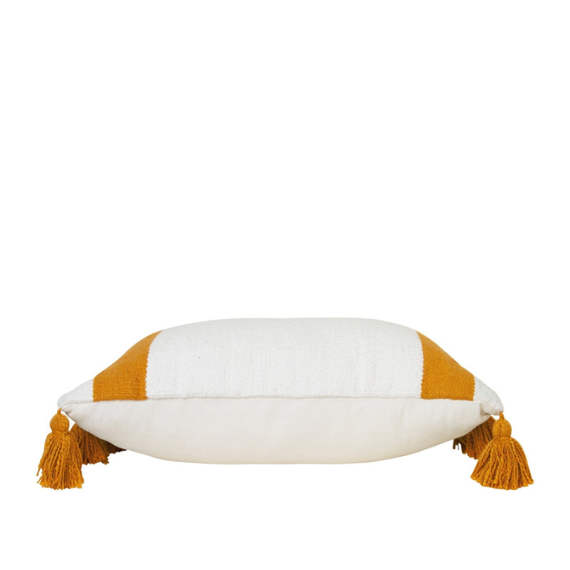 alt="Side details of an ivory cushion featuring a block-coloured design with two thick solid mustard stripes and with two sides of chunky tassels"