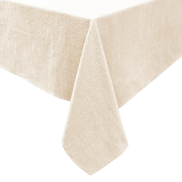 alt="A cream and white tablecloth features a gorgeous diamond-patterned design"