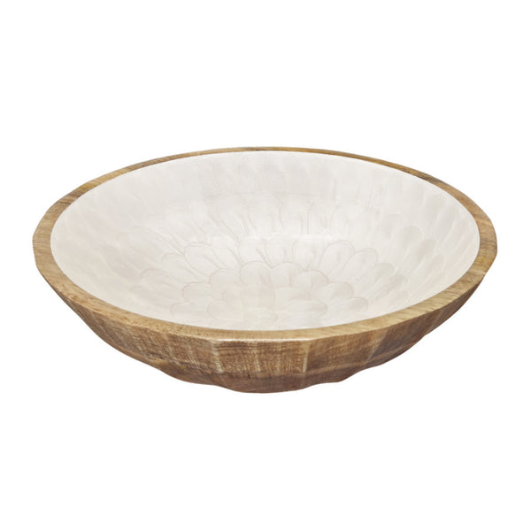 alt="A natural salad bowl is adorned with a stunning embossed pearl design coated in enamel with a carved mango wood base."