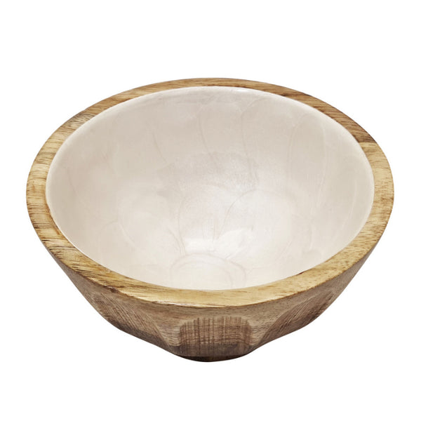 alt="A natural side bowl is adorned with a stunning embossed pearl design coated in enamel with a carved mango wood base."