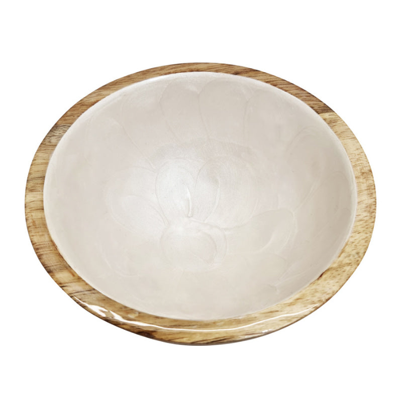 alt="Front details of a natural side bowl featuring a stunning embossed pearl design coated in enamel with a carved mango wood base."