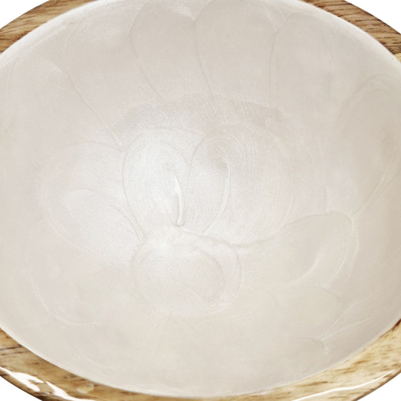 alt="Zoom in details of a side bowl featuring a stunning embossed pearl design coated in enamel with a carved mango wood base."
