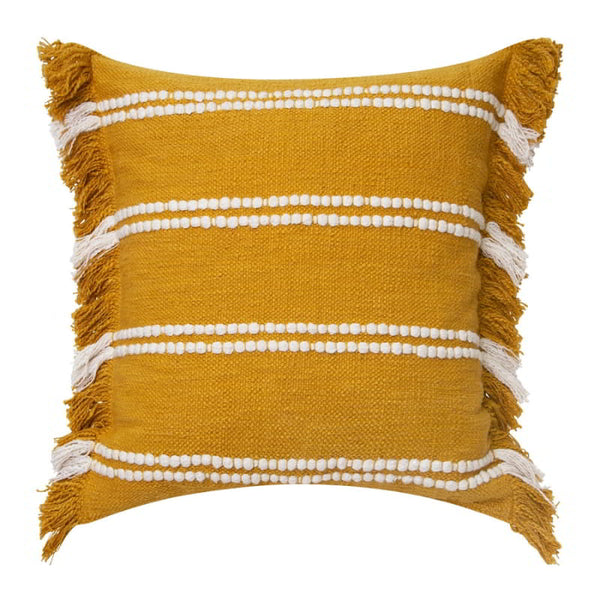 alt="Front details of a Mustard & Ivory Cushion with classic stripe design, exquisite stitching, and textured frills on each side."