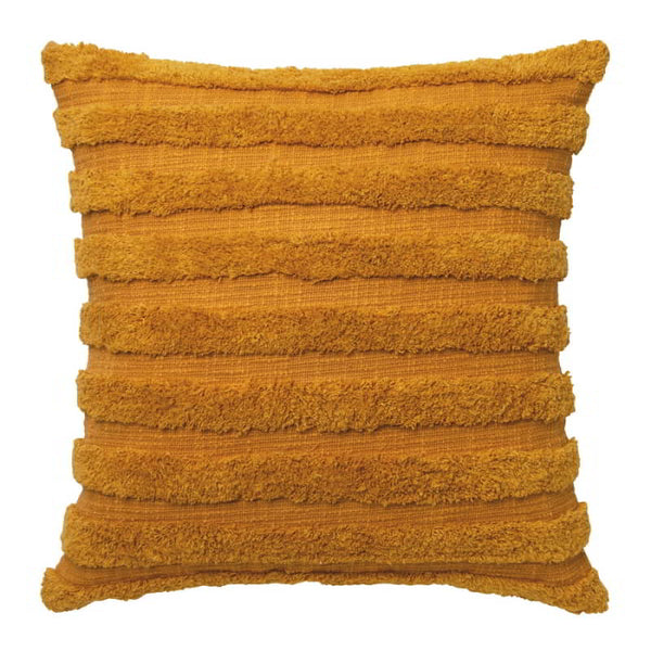 alt="Front details of a stunning mustard cushion with striped tufted design over a heavily textured slab base"