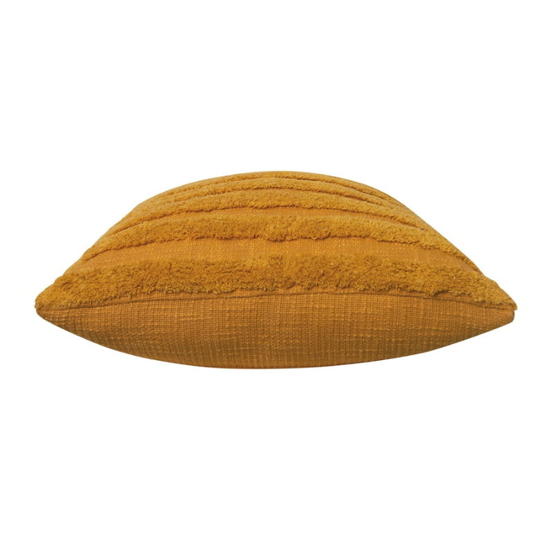 alt="A stunning mustard cushion with striped tufted design over a heavily textured slab base"
