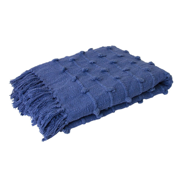 alt="A folded textured solid colour throw with striped and looped stitching, adorned with tassels, in Blueberry hue."