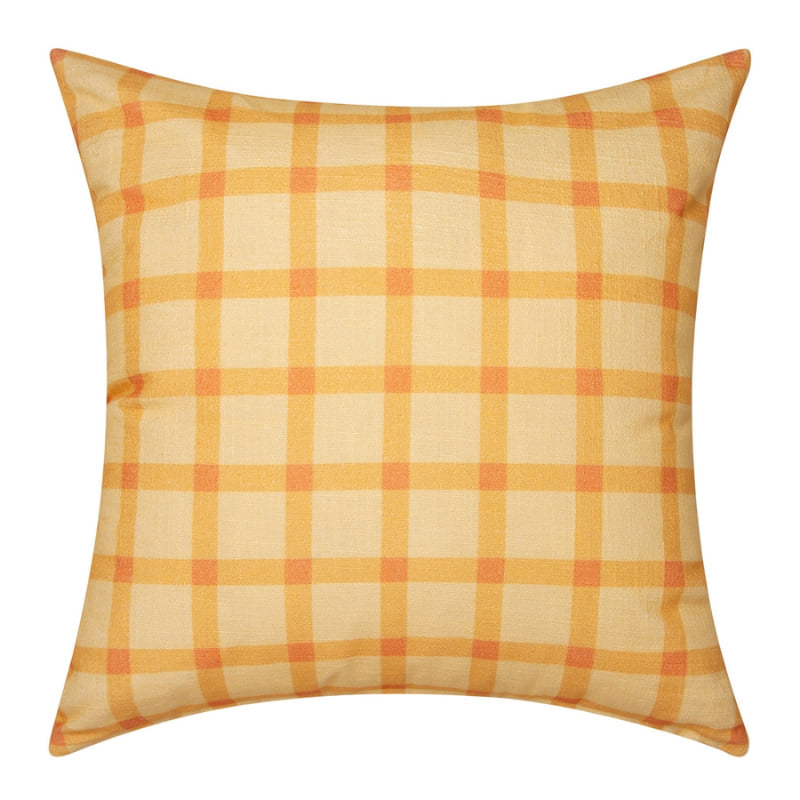 alt="Back details of a yellow multicoloured cushion featuring a check pattern"