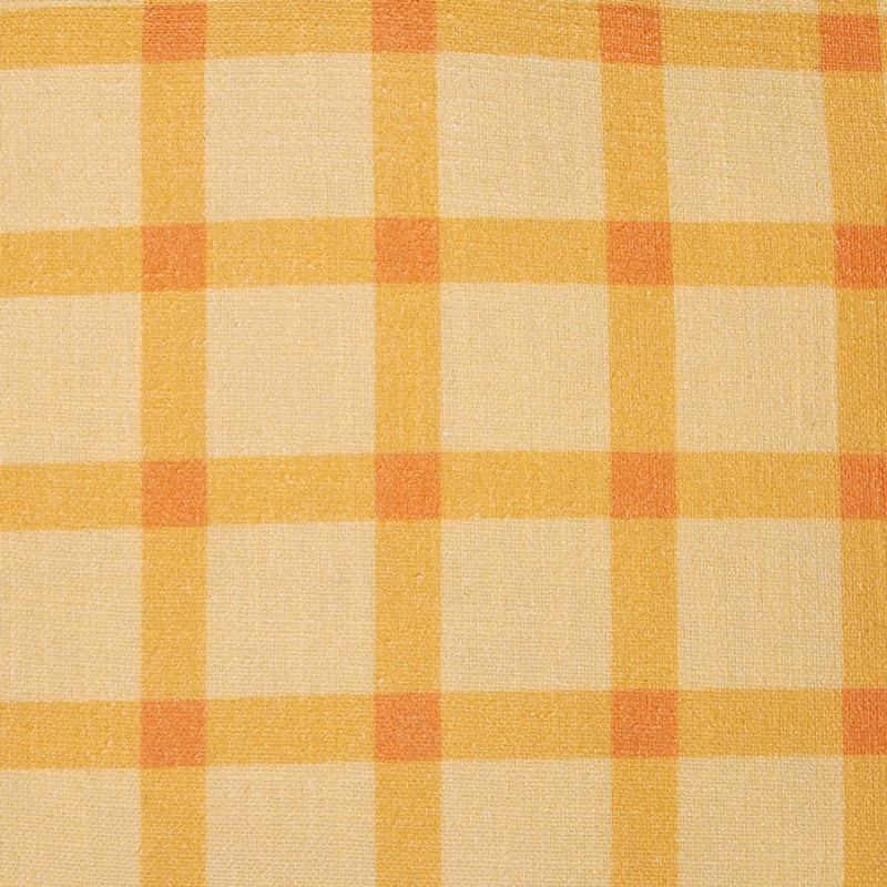 alt="Zoom in details of a yellow multicoloured cushion featuring a check pattern"