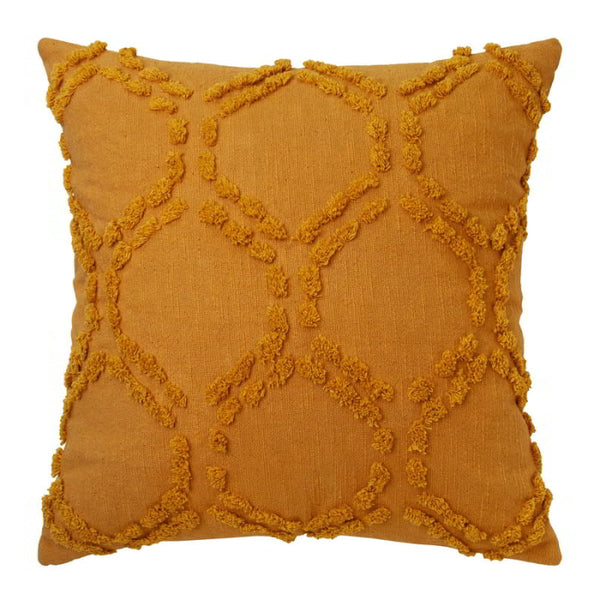 alt="Front details of a yellow cushion featuring a hexagonal tufted design"