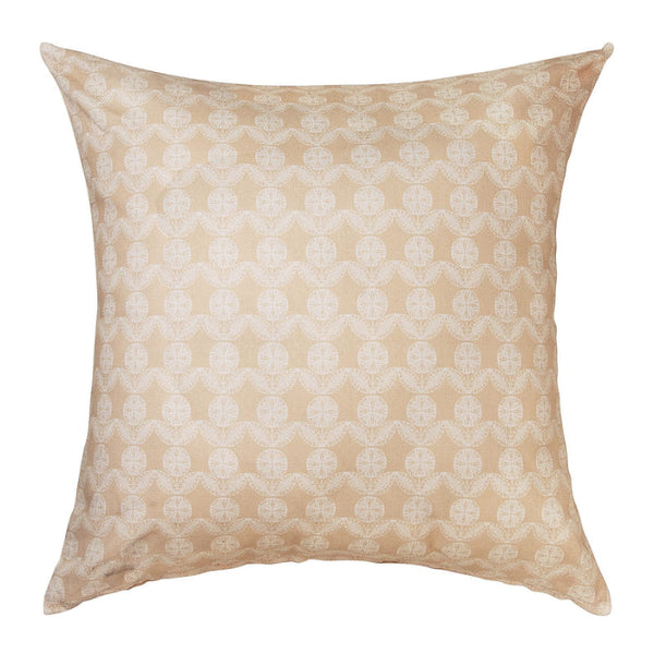 alt="Front details of a natural cushion featuring a rustic boho design printed"