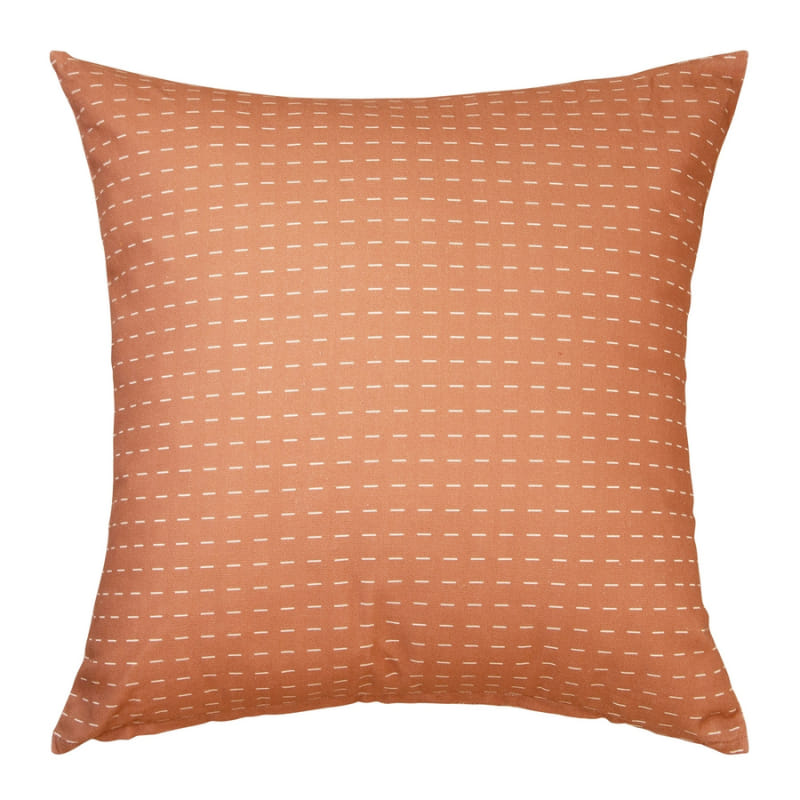 alt="Back details of a brown cushion featuring a rustic boho design printed"
