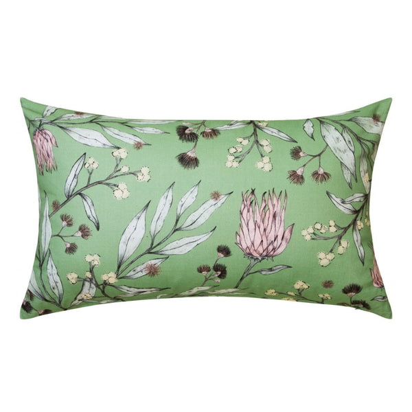 alt="Front details of a green multicoloured cushion inspired by Australian flora and fauna."