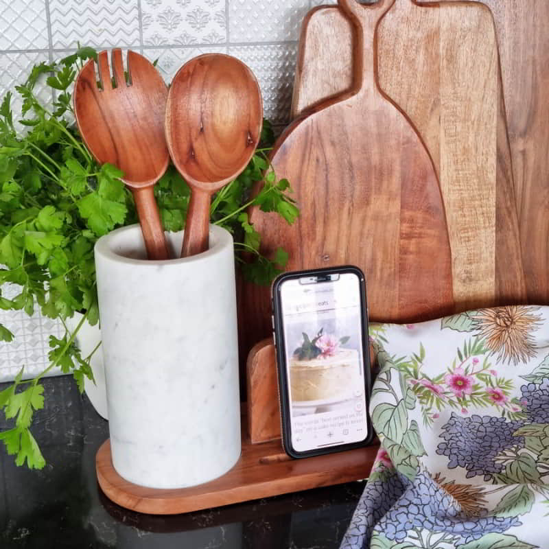 alt="A utensil and phone holder designed for the modern home in the dining area."