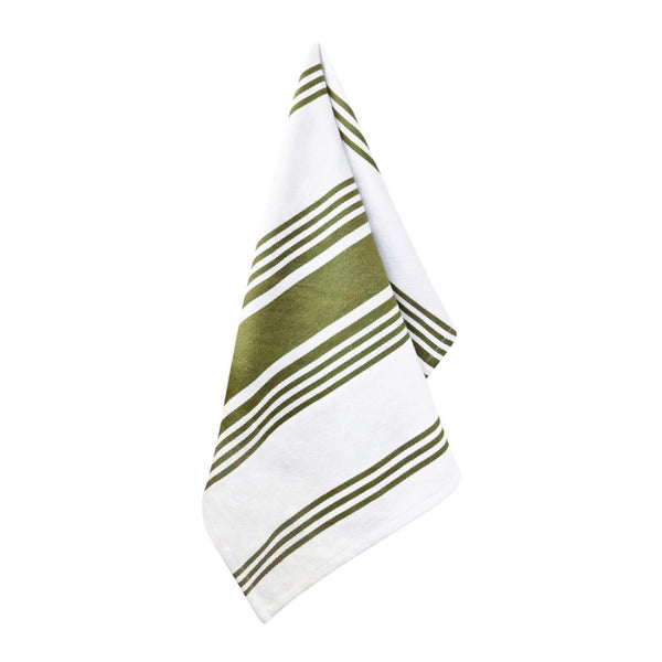 alt="A hanging Selby Collection bold green stripe design tea towels."