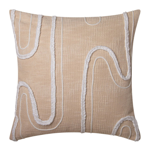 alt="Front details of a natural cushion featuring a curved white cotton braids."