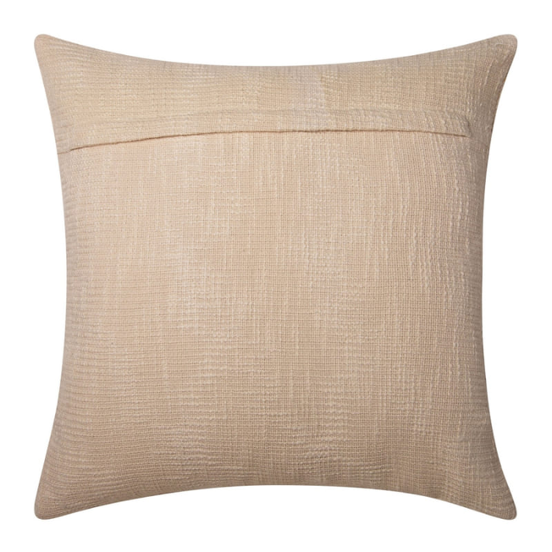 alt="Plain back details of a natural cushion featuring a curved white cotton braids."