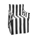 Striped chair cover in black and white, offering stylish protection for outdoor seating while adding a cosy touch.