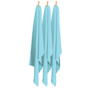 Three island paradise blue tea towels neatly hung on pegs, highlighting their quality and functionality for effective dish drying in the kitchen.
