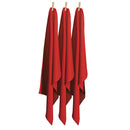 Three red tea towels neatly hung on pegs, highlighting their quality and functionality for effective dish drying in the kitchen.