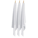 A trio of white tea towels displayed on clothes pegs, emphasizing their absorbency and stylish appearance for kitchen tasks.