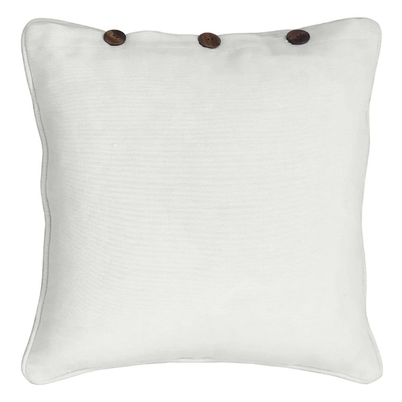 A white cushion cover adorned with a button, ideal for creating a fashionable and welcoming atmosphere in your living area.
