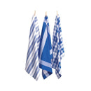 Three cobalt blue tea towels hanging on clotheslines, showcasing elegant designs and absorbent cotton for kitchen utility.