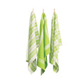 Three lime green tea towels hanging on clotheslines, showcasing elegant designs and absorbent cotton for kitchen utility.