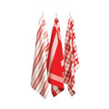 Three red tea towels hanging on clotheslines, showcasing elegant designs and absorbent cotton for kitchen utility.