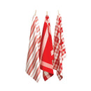 Three red tea towels hanging on clotheslines, showcasing elegant designs and absorbent cotton for kitchen utility.