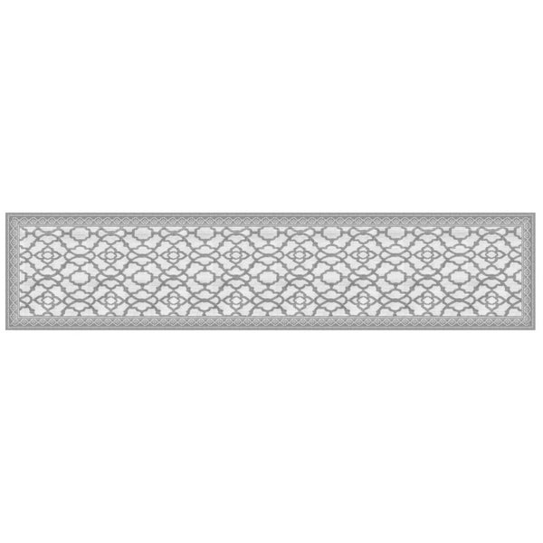 A decorative grey runner featuring an intricate pattern, enhancing the elegance of any dining setting.